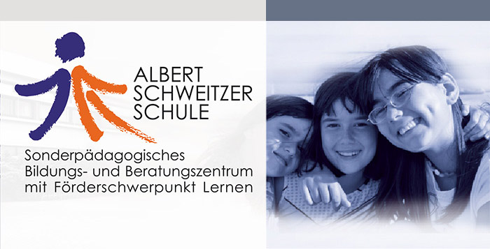 Logo der Albert Schweitzer Schule Wiesloch und Bild von drei lachenden Kindern